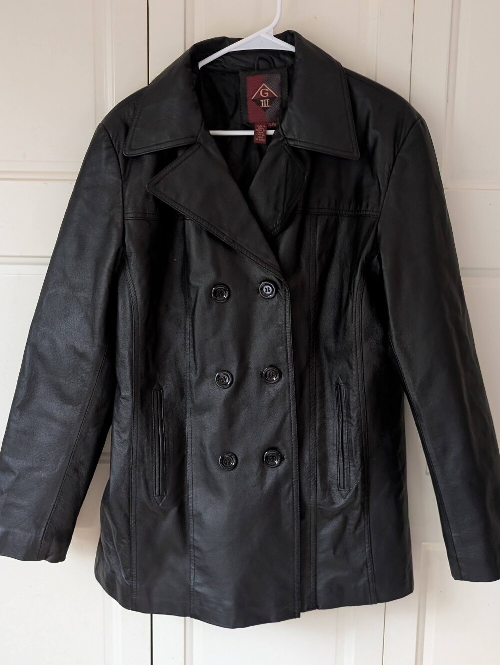 G-III women's vintage black genuine leather peacoat jacket